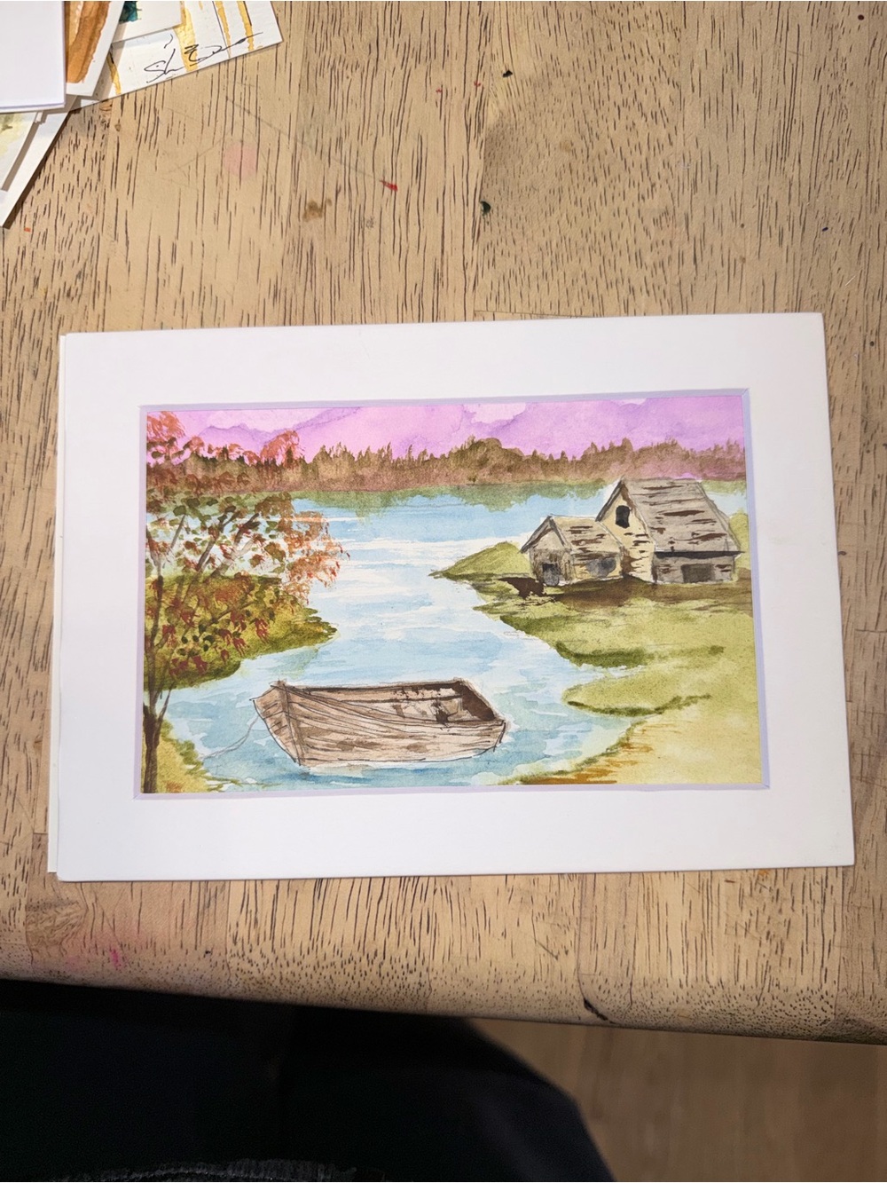 Handmade Lakeside Watercolor Print in Pink and Green